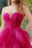 Fuchsia A Line Sweetheart Tulle Long Prom Dress with Slit
