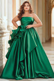 Green A Line Satin Square Neck Long Prom Dress with Ruffles