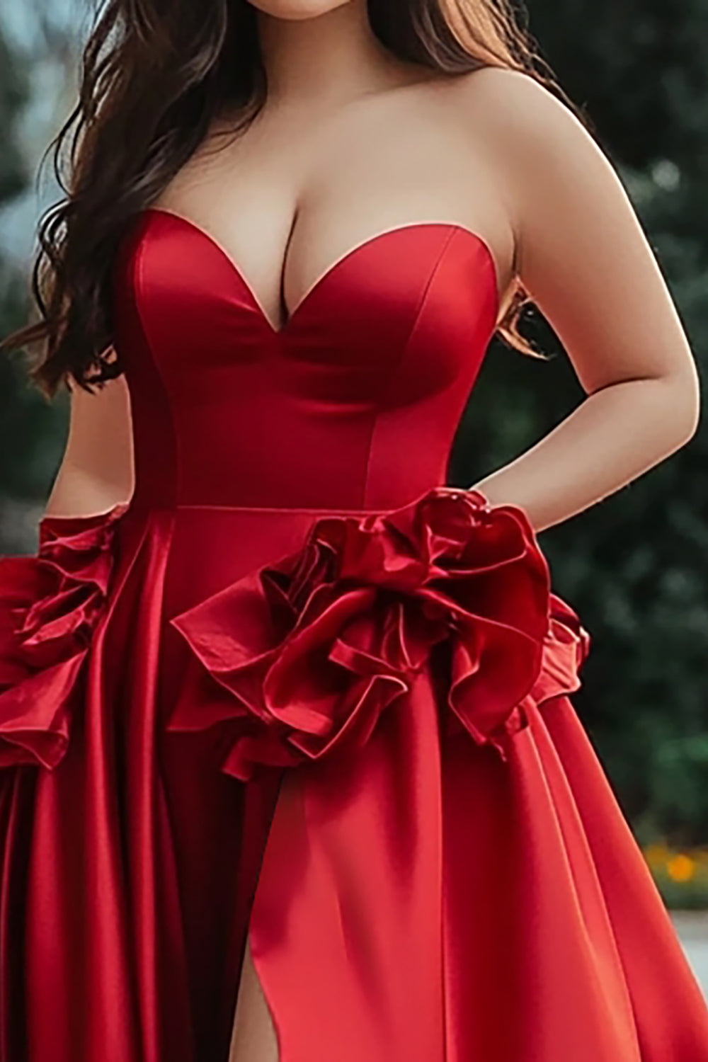 Red A Line Satin Strapless Long Prom Dress with Slit