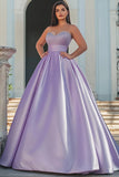 Lilac Ball Gown Satin Strapless Long Prom Dress with Beading