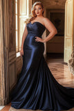 Navy Mermaid Satin Strapless Long Prom Dress