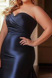 Navy Mermaid Satin Strapless Long Prom Dress