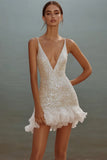 Sparkly White Bodycon Sequins Mini Graduation Dress with Ruffles V-Neck Spaghetti Straps Little White Dress