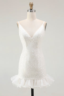 Sparkly White Sequins V-Neck Bodycon Short Homecoming Dress with Ruffles