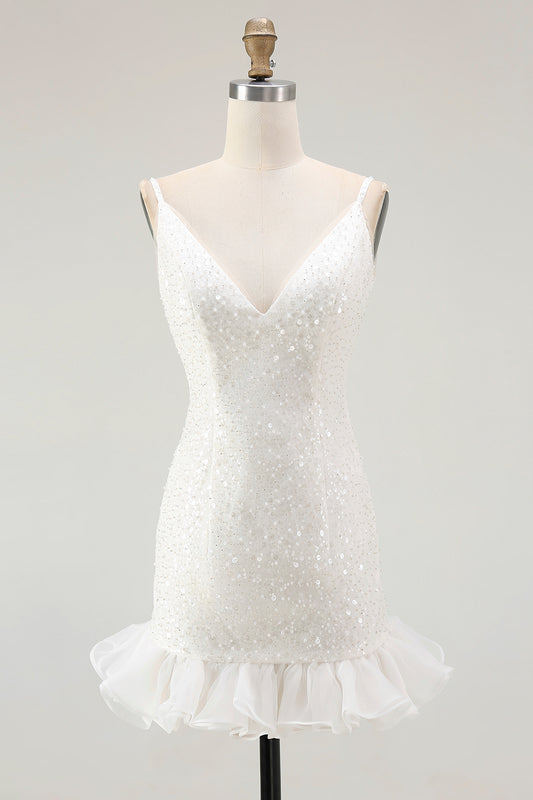 Sparkly White Sequins V-Neck Bodycon Short Homecoming Dress with Ruffles