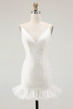 Sparkly White Sequins V-Neck Bodycon Short Homecoming Dress with Ruffles