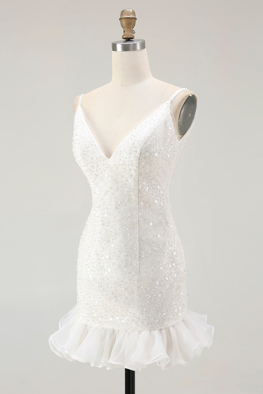 Sparkly White Sequins V-Neck Bodycon Short Homecoming Dress with Ruffles