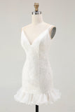 Sparkly White Sequins V-Neck Bodycon Short Homecoming Dress with Ruffles