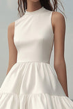 A Line White Satin Mini Sleeveless Graduation Dress