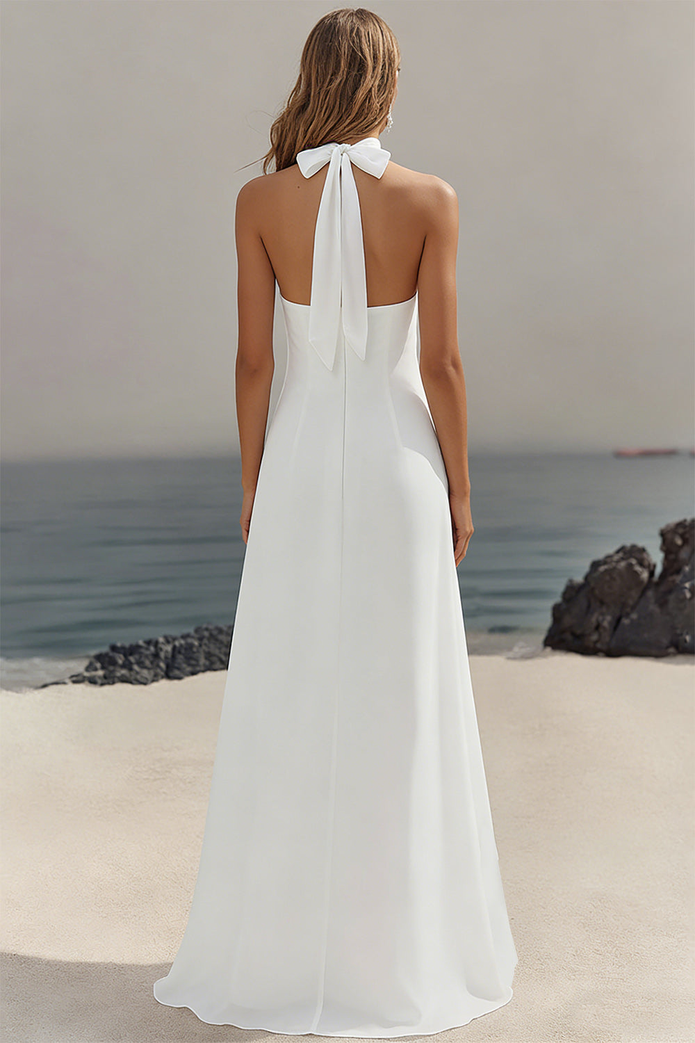 Chiffon White A Line Halter Long Rehearsal Dinner Dress