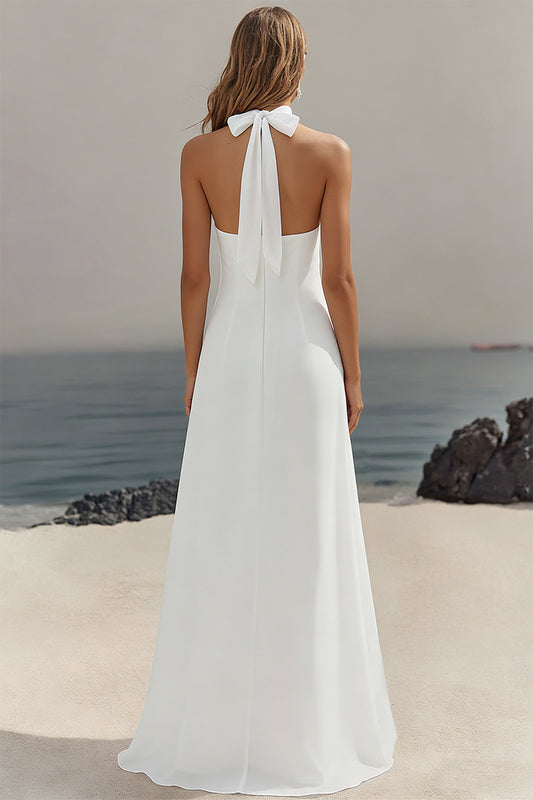 Chiffon White A Line Halter Long Rehearsal Dinner Dress