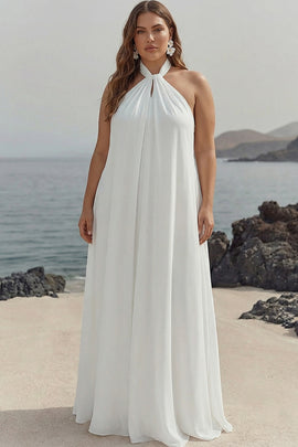 Plus Sise White Chiffon A Line Halter Long Rehearsal Dinner Dress Plus Sise White Chiffon A Line Halter Long Rehearsal Dinner Dress