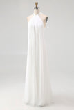 White Halter Neck A Line Long Chiffon Rehearsal Dinner Dress