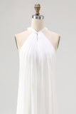 White Halter Neck A Line Long Chiffon Rehearsal Dinner Dress