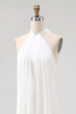 White Halter Neck A Line Long Chiffon Rehearsal Dinner Dress