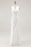 White Chiffon Sheath Sleeveless Long Rehearsal Dinner Dress