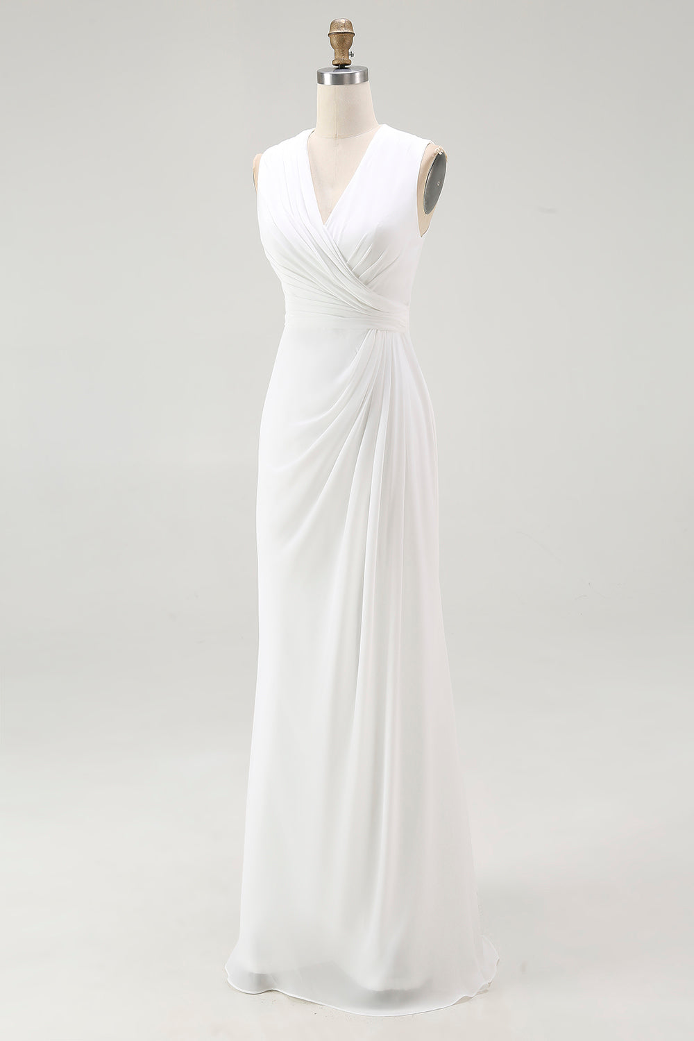 White Chiffon V-Neck Sheath Sleeveless Long Rehearsal Dinner Dress