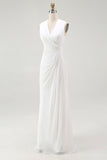 White Chiffon V-Neck Sheath Sleeveless Long Rehearsal Dinner Dress