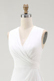 White Chiffon V-Neck Sheath Sleeveless Long Rehearsal Dinner Dress