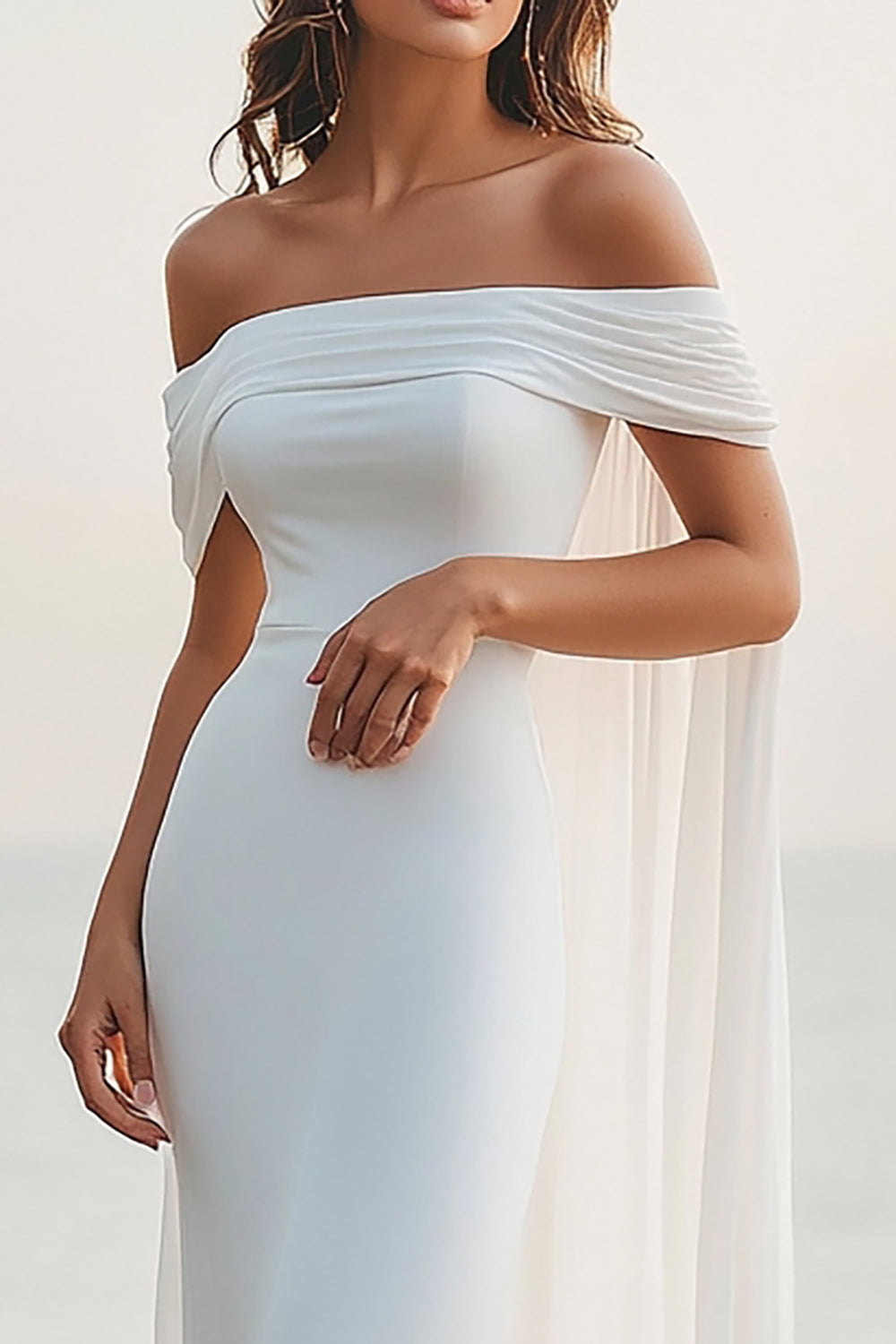 off the shoulder rehearsal dinner dress White Chiffon Off the Shoulder Sheath Rehearsal Dinner Dress