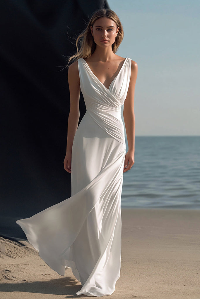 ZAPAKASA Women White Chiffon Sheath Long Rehearsal Dinner Dress V-Neck