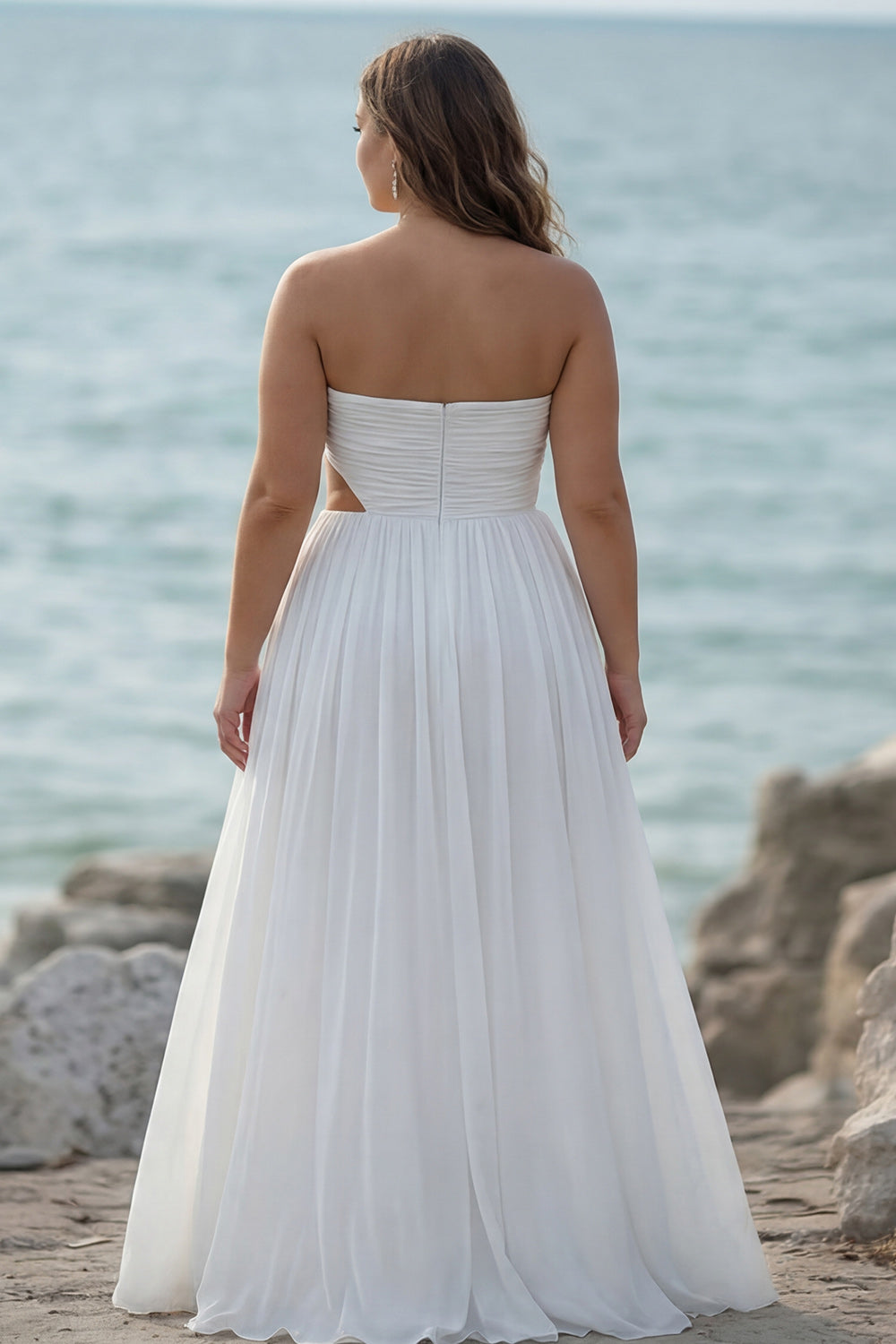 White Chiffon Strapless Pleated Long Rehearsal Dinner Dress with Slit