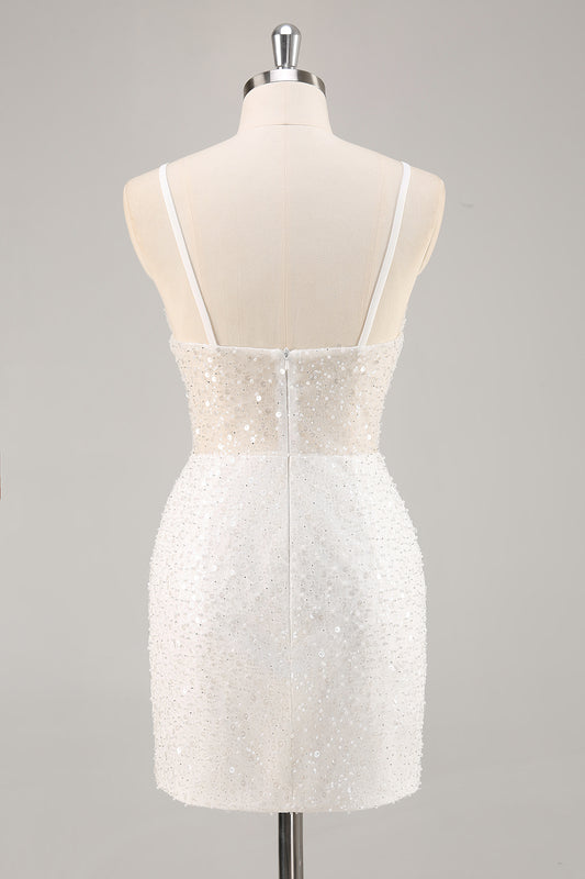 Sparkly White Deep V-Neck Mini Sheath Graduation Homecoming Dress