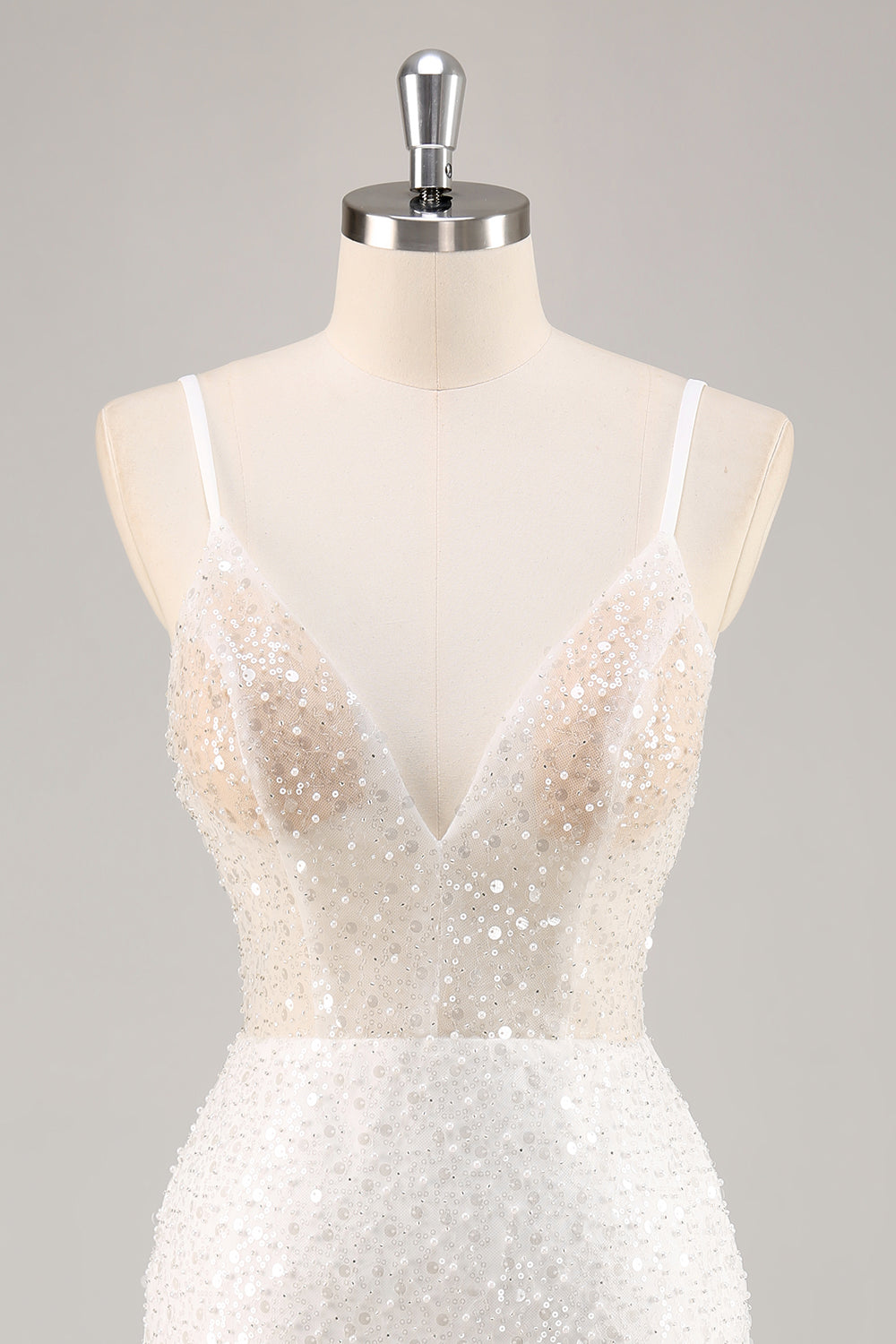 Sparkly White Deep V-Neck Mini Sheath Graduation Homecoming Dress