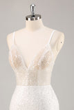Sparkly White Deep V-Neck Mini Sheath Graduation Homecoming Dress