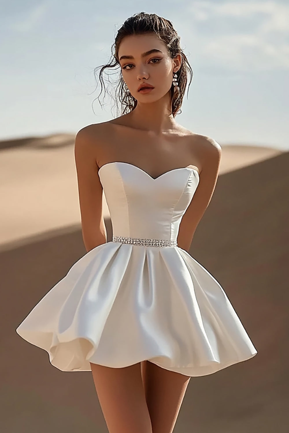 ZAPAKASA Women White Satin A Line Ruched Mini Graduation Dress