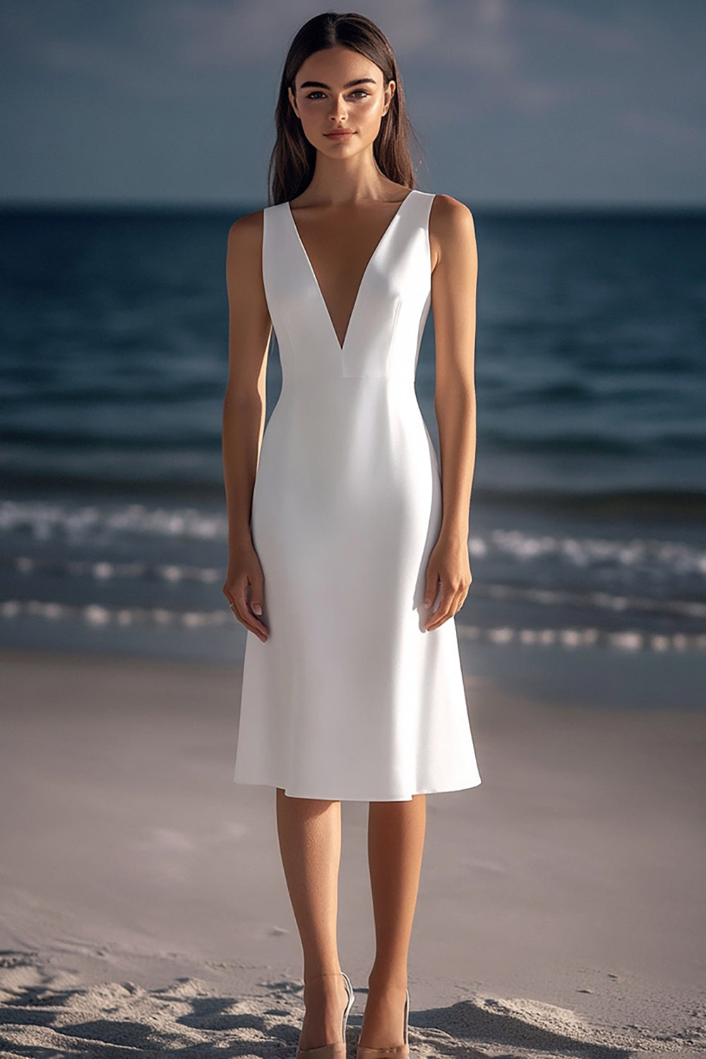 ZAPAKASA Women White Satin Sheath Knee-Length Graduation Dress V-Neck Sleeveless Little White Dress ZAPAKASA Women White Satin Sheath Knee-Length Graduation Dress V-Neck Sleeveless Little White Dress