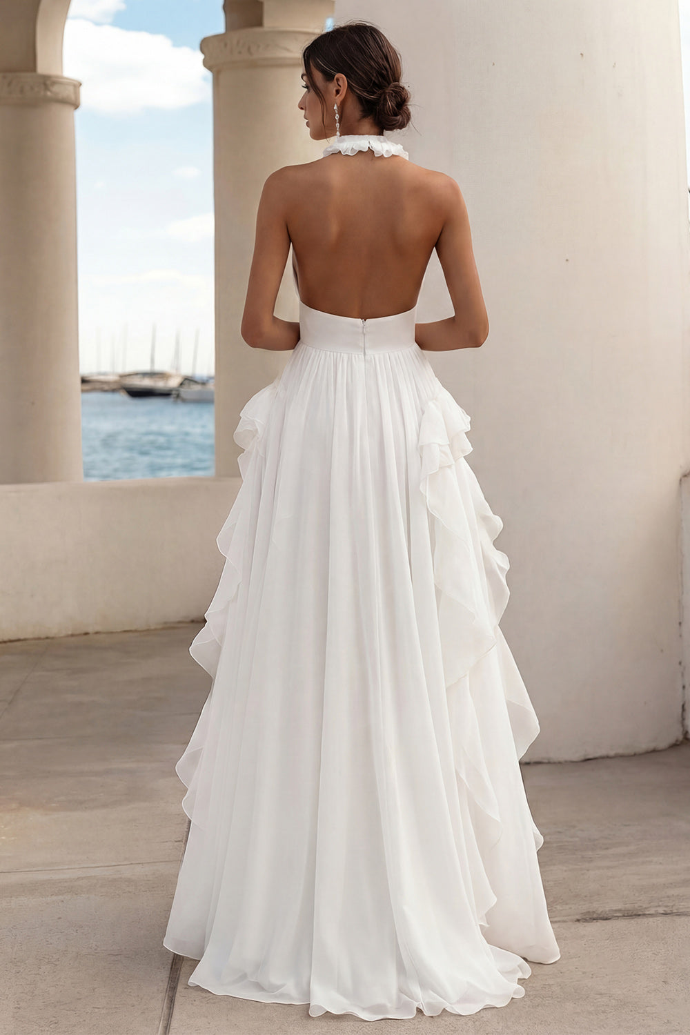 A Line White Ruffled Keyhole Long Rehearsal Dinner Dress with Slit