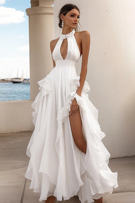 A Line White Satin Keyhole Long Rehearsal Dinner Dress with Slit