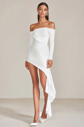 Glitter Off the Shoulder Short Little White Dress with Sleeves