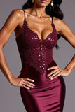Burgundy Sheath Satin V-Neck Backless Long Formal Dress