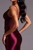Burgundy Sheath Satin V-Neck Backless Long Formal Dress