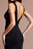 Black Sheath Satin Backless Long Formal Dress with Slit