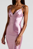 Pink Sheath Satin Spaghetti Straps Long Formal Dress