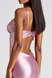 Pink Sheath Satin Spaghetti Straps Long Formal Dress
