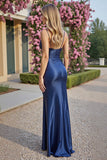 Navy Sheath Satin Long Spaghetti Straps Formal Dress with Slit