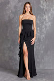 Black Sheath Satin Square Neck Long Formal Dress with Slit
