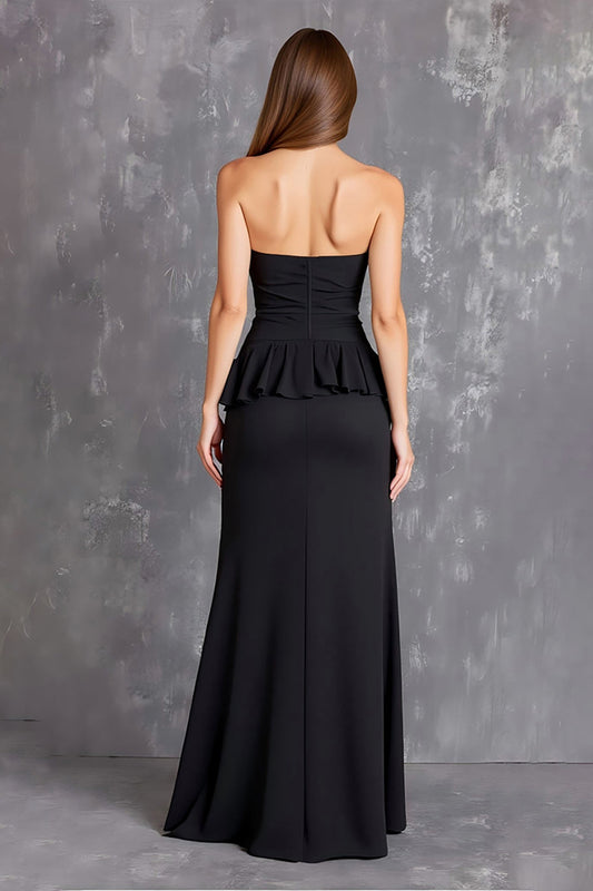 Black Sheath Satin Square Neck Long Formal Dress with Slit