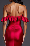Red Off the Shoulder Sheath Long Formal Dress with Slit