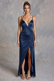Navy Satin Spaghetti Straps Long Formal Dress with Slit