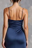 Navy Satin Spaghetti Straps Long Formal Dress with Slit