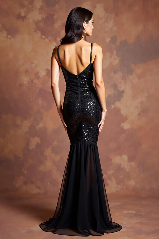 Sparkly Black Sheath Deep V-Neck Long Formal Dress with Slit