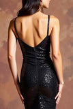 Sparkly Black Sheath Deep V-Neck Long Formal Dress with Slit