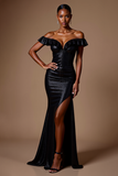 Sparkly Black Sheath Off the Shoulder Long Formal Dress with Slit