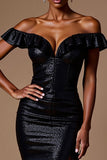 Sparkly Black Sheath Off the Shoulder Long Formal Dress with Slit