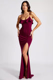 Sheath Burgundy Spaghetti Straps Long Formal Dress with Slit